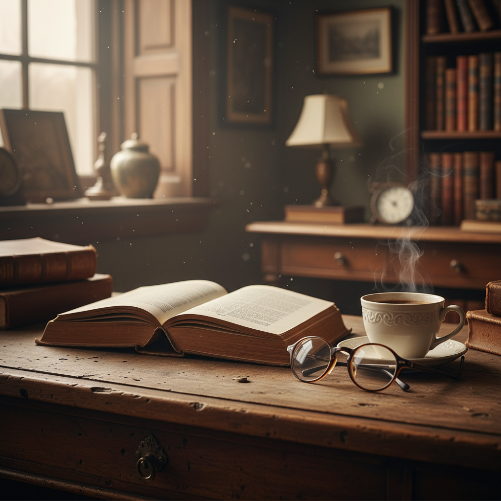 고풍스러운 서재의 거친 질감이 느껴지는 목재 책상 위에 펼쳐진 오래된 철학서와 그 옆에 놓인 클래식한 디자인의 안경, 그리고 김이 모락모락 피어오르는 커피 잔이 조화를 이루는 따뜻한 분위기의 고해상도 사진