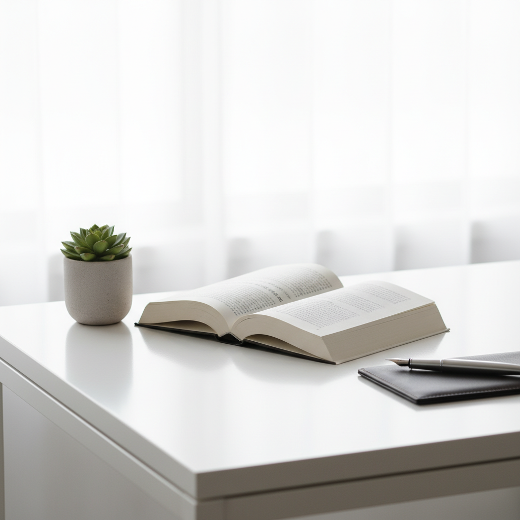 심플하고 현대적인 화이트 톤의 책상 위에 마르쿠스 아우렐리우스의 명상록이 놓여 있고 작은 초록색 다육 식물 화분과 세련된 만년필이 배치된 미니멀리즘 스타일의 밝고 깨끗한 이미지