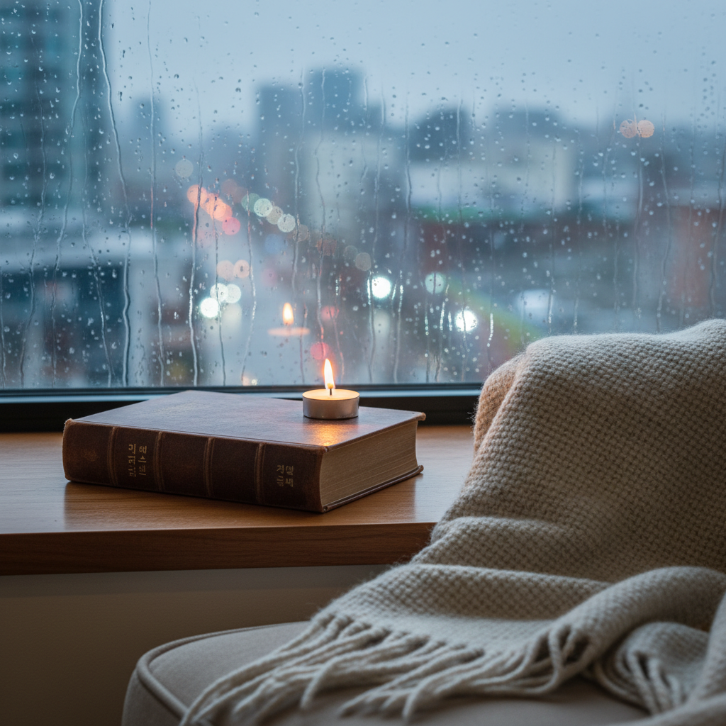 비 내리는 창밖 풍경을 배경으로 창틀에 놓인 두꺼운 철학 서적과 그 옆에 타오르는 작은 향초, 부드러운 양모 담요가 어우러져 사색하기 좋은 분위기를 연출한 감성적인 사진