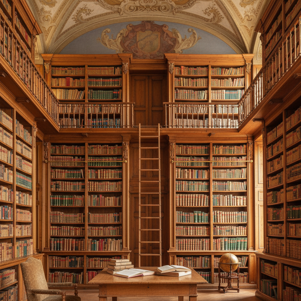 웅장한 유럽식 도서관의 높은 서가 사이에 놓인 사다리와 가죽으로 제본된 고전 철학 전집들이 황금빛 조명을 받아 은은하게 빛나는 지적인 느낌의 고품질 이미지
