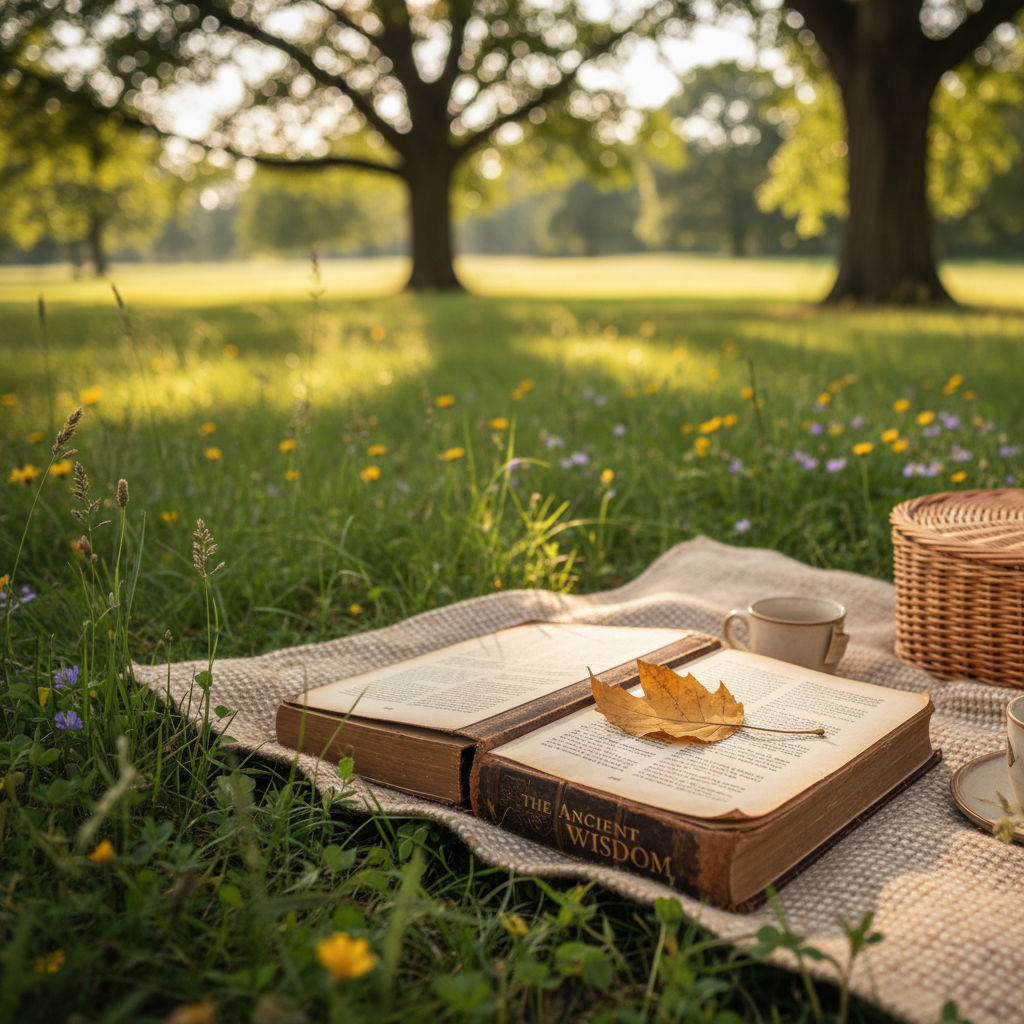 햇살이 내리쬐는 공원 잔디밭 위 돗자리에 펼쳐진 철학 책과 그 위로 떨어진 나뭇잎 한 장, 주변의 평화로운 자연 풍경이 담긴 힐링 테마의 고선명 사진