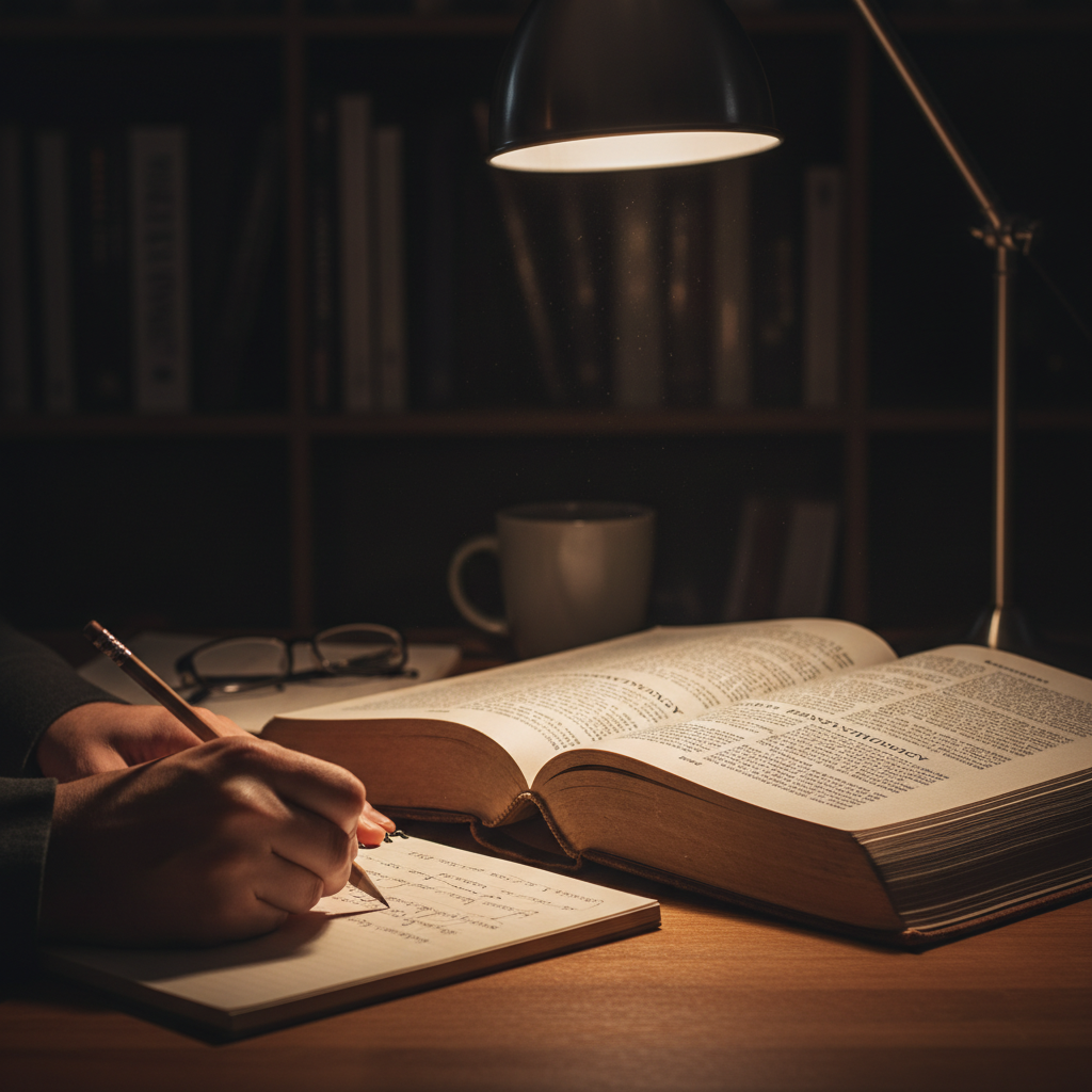 어두운 방 안에서 스탠드 조명 하나가 철학 책의 페이지를 집중적으로 비추고 있으며 여백에는 독서 노트를 적는 손과 연필이 부분적으로 노출된 몰입감 넘치는 클로즈업 샷