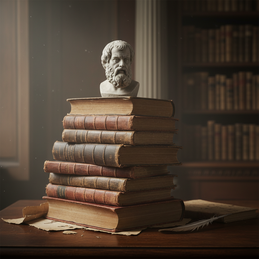 오래된 양장본 철학 서적들이 층층이 쌓여 있고 그 위에 고대 그리스 철학자의 작은 석고 흉상이 놓여 있는 박물관 같은 분위기의 예술적이고 학구적인 스틸 라이프 이미지